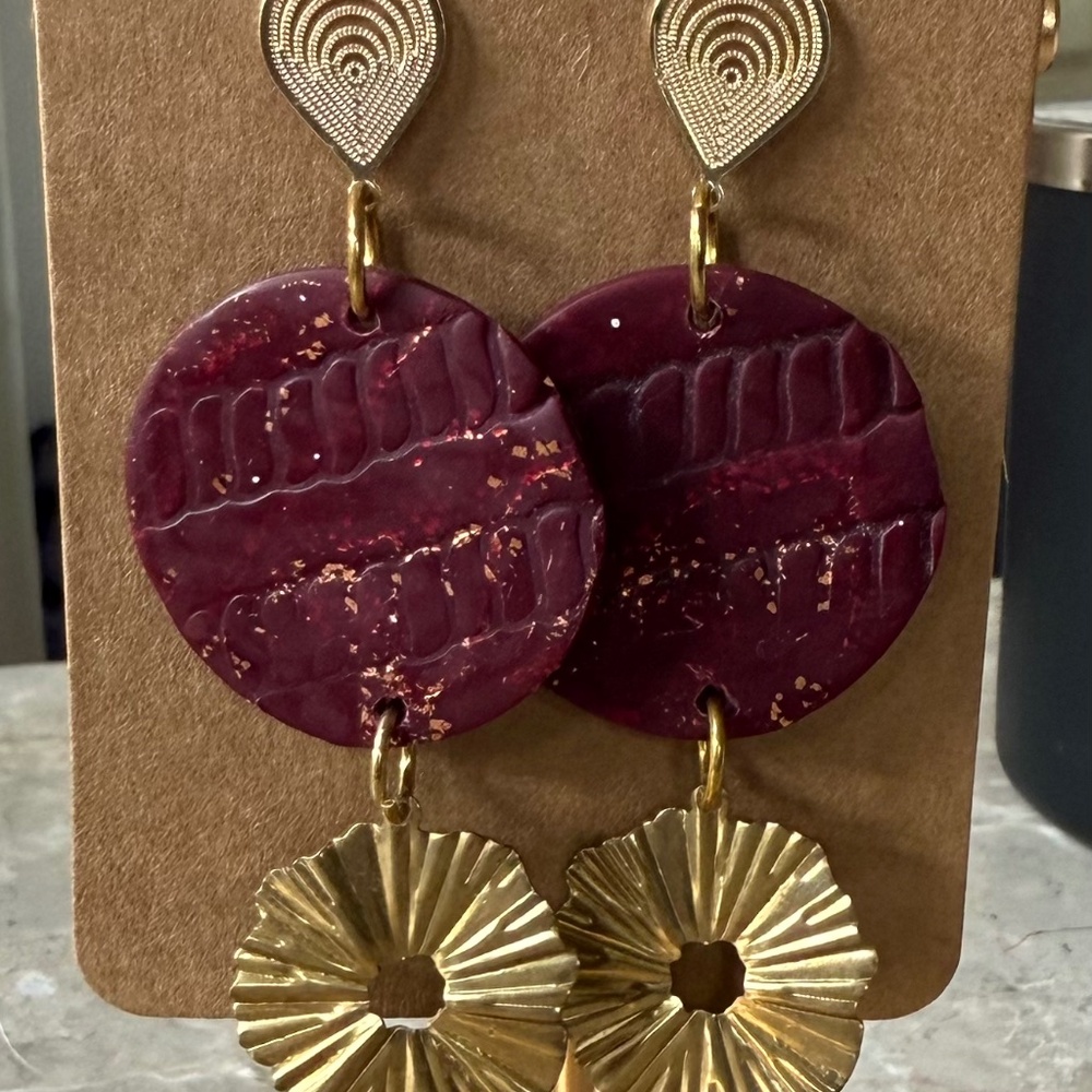 Handmade Maroon & Gold Statement Earrings- Polymer Clay and Brass